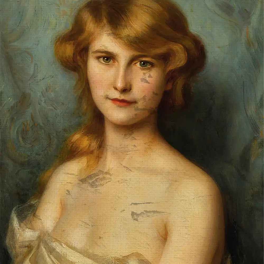 Portrait of a young woman with golden hair and a soft expression, set against a textured blue background.