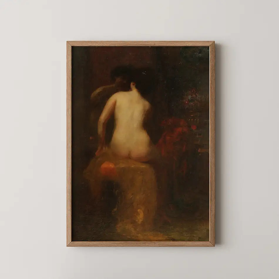 Framed painting of a nude woman seated, with a warm, abstract background and a hint of floral elements.