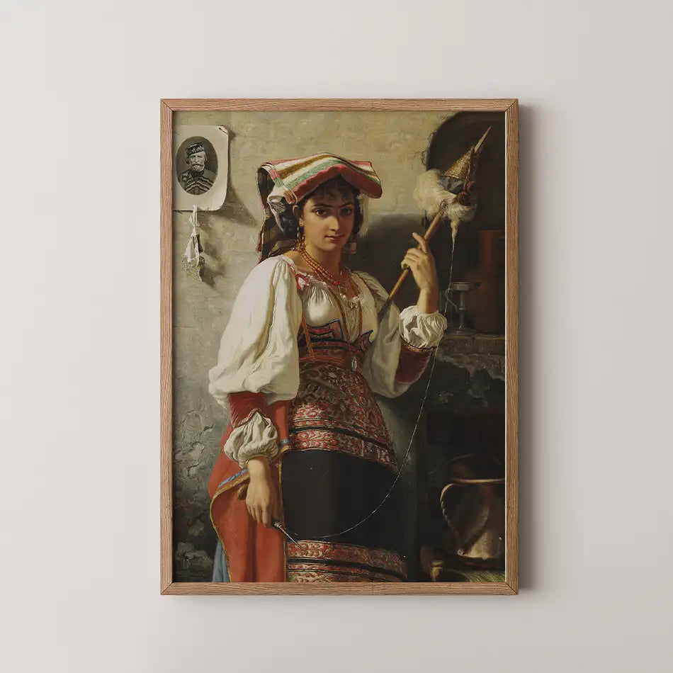 Painting of a young woman in traditional attire holding a rod, set against a textured wall with rustic decor.