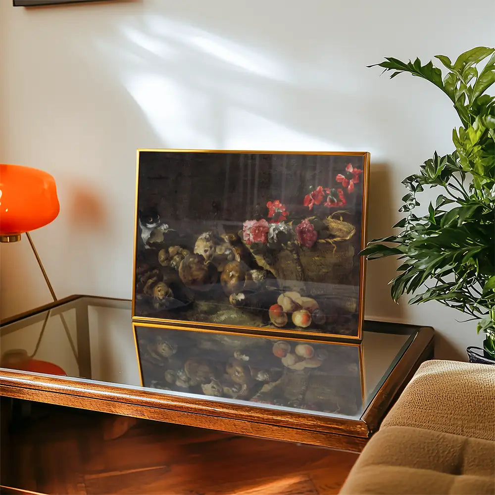 Still life painting featuring flowers, fruits, and small animals displayed on a coffee table with a modern lamp and plant in a cozy interior setting.