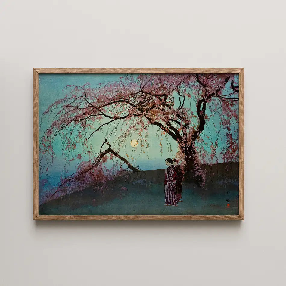 Painting of two figures under a cherry blossom tree with a glowing moon in the background, framed in wood.