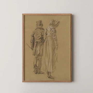 Framed sketch of a man in a top hat and a woman in a long dress standing together, set against a brown background.