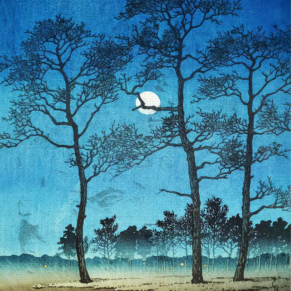 A serene landscape painting featuring silhouetted trees against a blue sky with a glowing full moon.