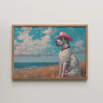 Painting of a dog wearing a pink cowboy hat sitting in a grassy field with the ocean and cloudy sky in the background.