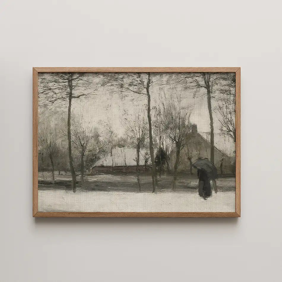 Framed painting of a winter scene with bare trees and a figure holding an umbrella walking along a snowy path.