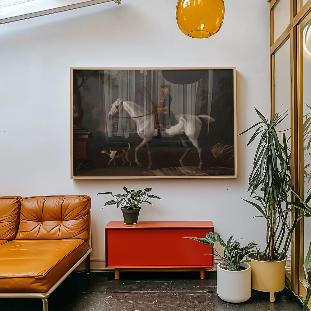 Framed painting of a horse and rider in a classic style, displayed on the wall of a modern living room with a brown sofa, red cabinet, and indoor plants.