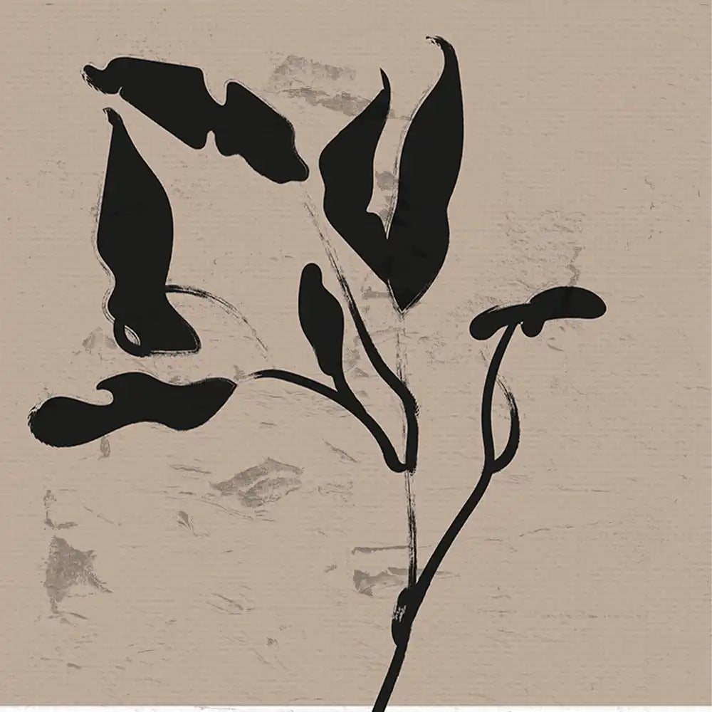 Modern botanical black silhouette artwork on a textured beige background, perfect for home decor.