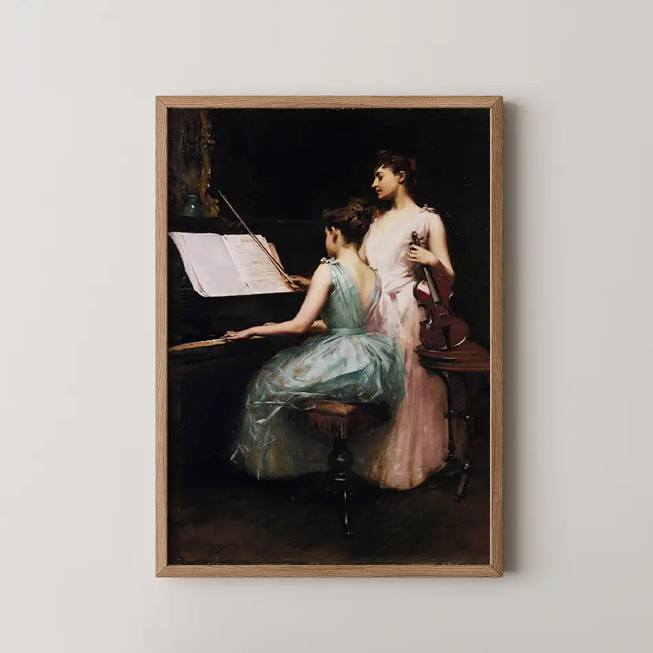 Painting of two young women at a piano, one playing while the other holds a violin, framed in wood.