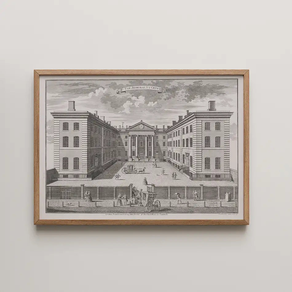 Framed black and white engraving of the Admiralty Office, featuring a courtyard scene with people and carriages.