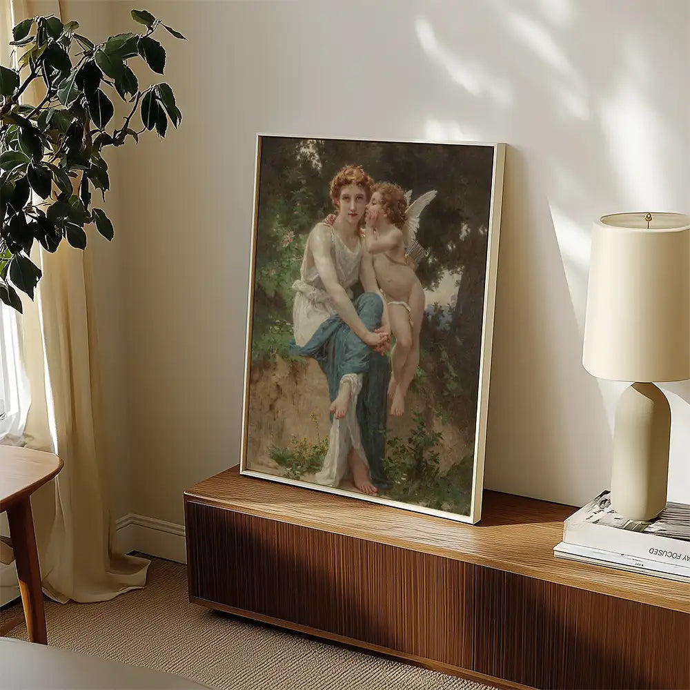 Painting of a woman seated with a cherubic figure beside her, showcasing natural elements and soft colors, displayed in a warmly lit interior setting.