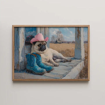 Pickles - Cowboy Dogs art print featuring a pug in a pink cowboy hat lounging next to blue boots, capturing the whimsical charm of country life with vibrant colors and soft textures."