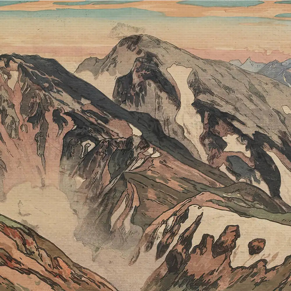 Mountain landscape painting with earthy tones and intricate textures, capturing the beauty of rugged peaks and a soft, pastel sky.