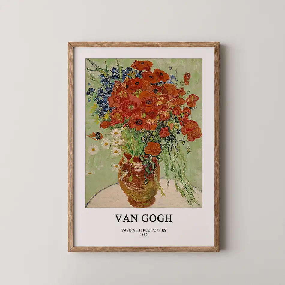Painting of a vibrant vase filled with red poppies and other colorful flowers, framed in wood, titled "Vase with Red Poppies" by Van Gogh, created in 1886.