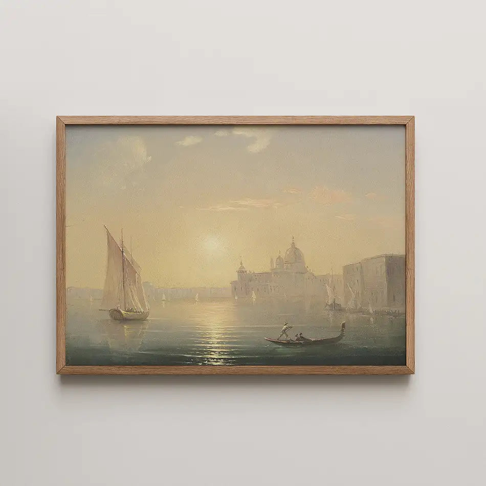 Framed painting of a serene waterfront scene depicting sailboats and a gondola at sunset, with a historical building in the background.