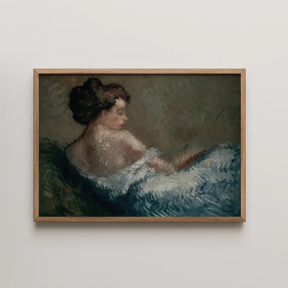 Painting of a woman in profile, draped in a light blue shawl, framed in natural wood, set against a muted background.