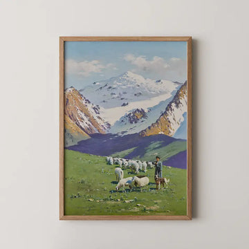 Painting of a shepherd with sheep on a grassy meadow, framed against a backdrop of snow-capped mountains and a blue sky.