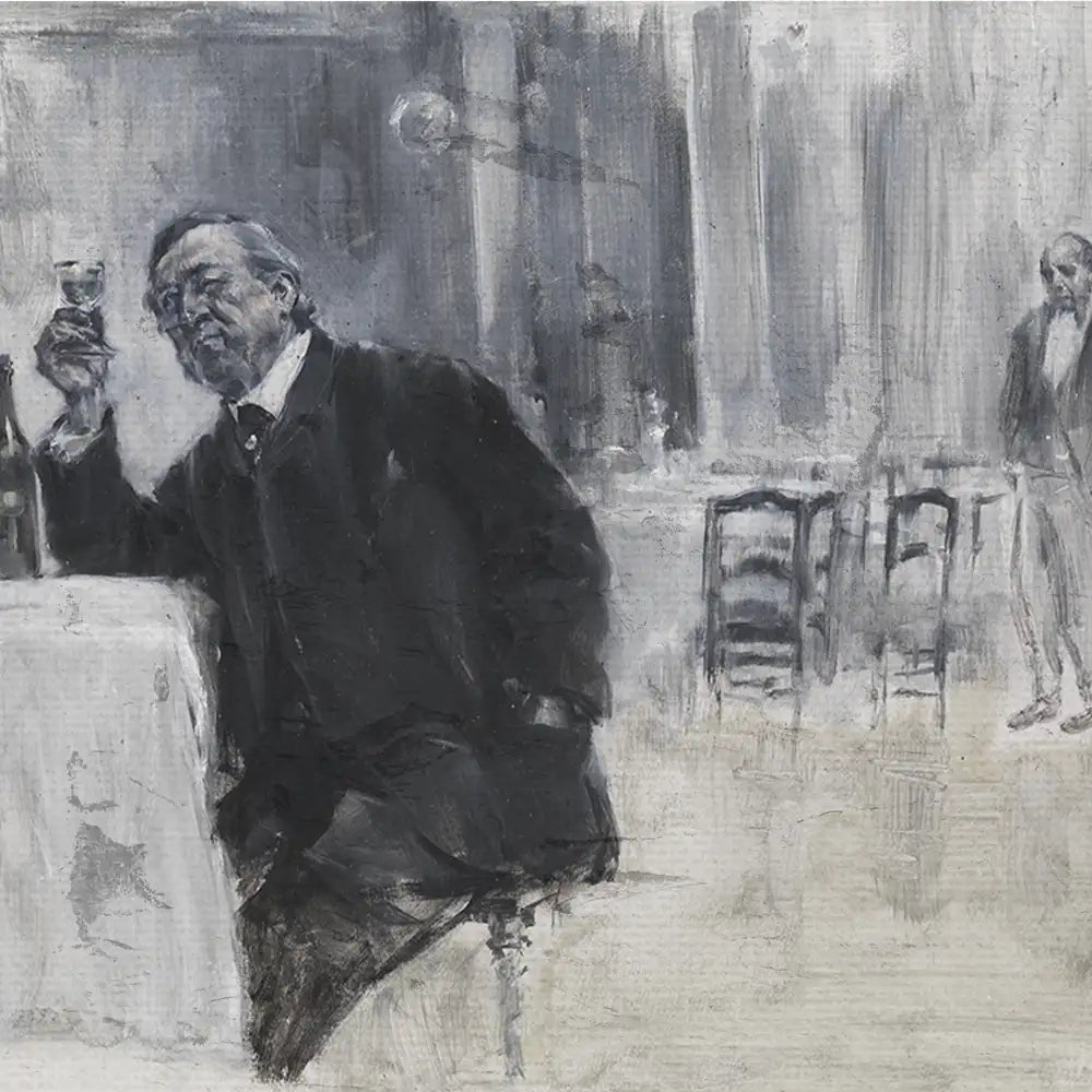 A monochromatic painting of a man sitting at a table holding a glass, with a blurred background depicting a dining scene and another figure standing.