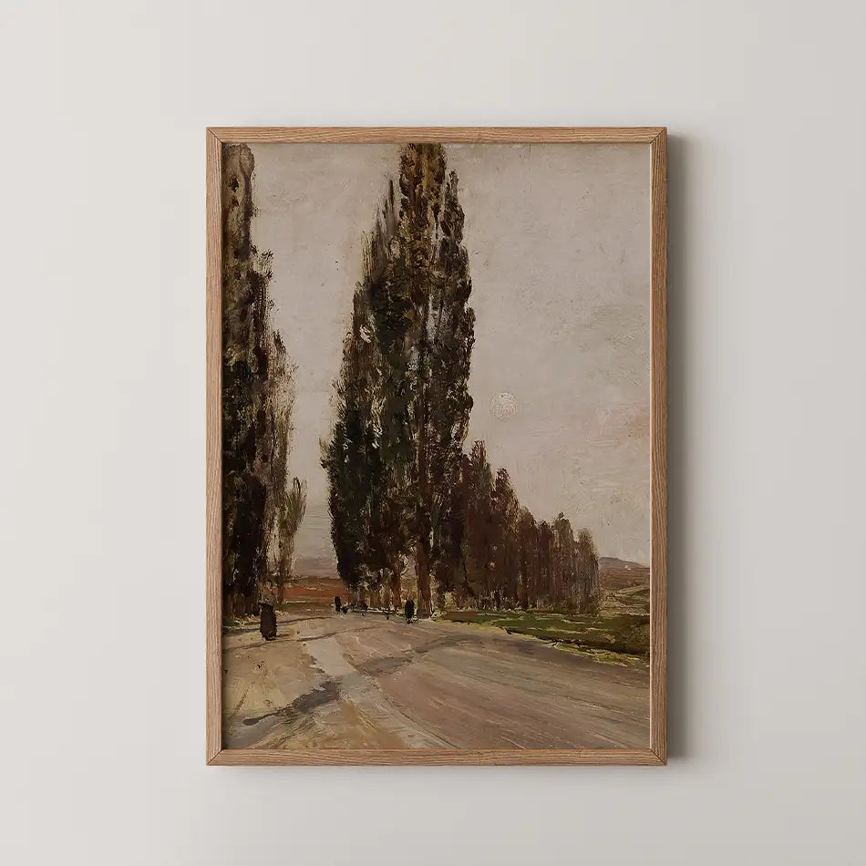 Framed painting of a tree-lined path under a pale sky, showcasing tall cypress trees along a road.