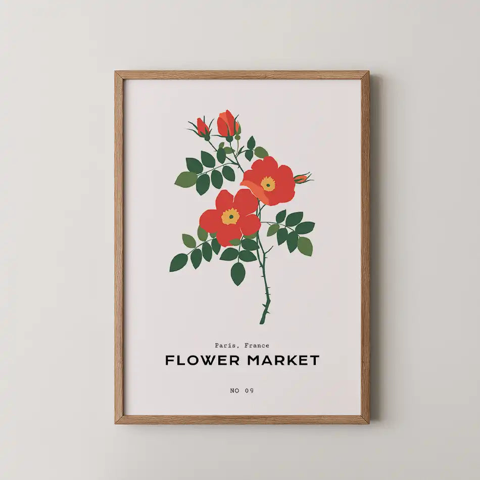 Modern art print featuring vibrant red wild roses and green foliage with the text 'Flower Market - Paris, France,' perfect for enhancing home decor.