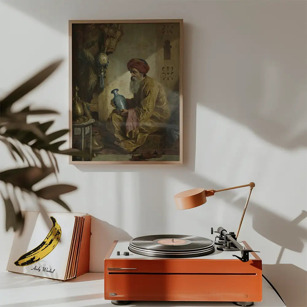 Painting of a man in traditional attire holding a vase, displayed in a modern interior with a turntable and a record album nearby.