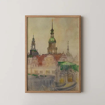 Framed watercolor painting of a historic building with domed towers and intricate architectural details.