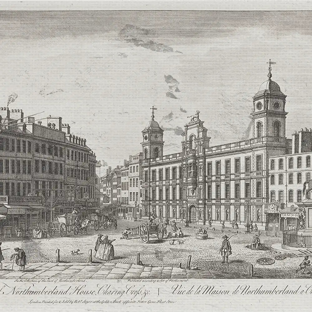 Historic engraving of Northumberland House on Charing Cross, depicting the building and surrounding area bustling with people and horse-drawn carriages.