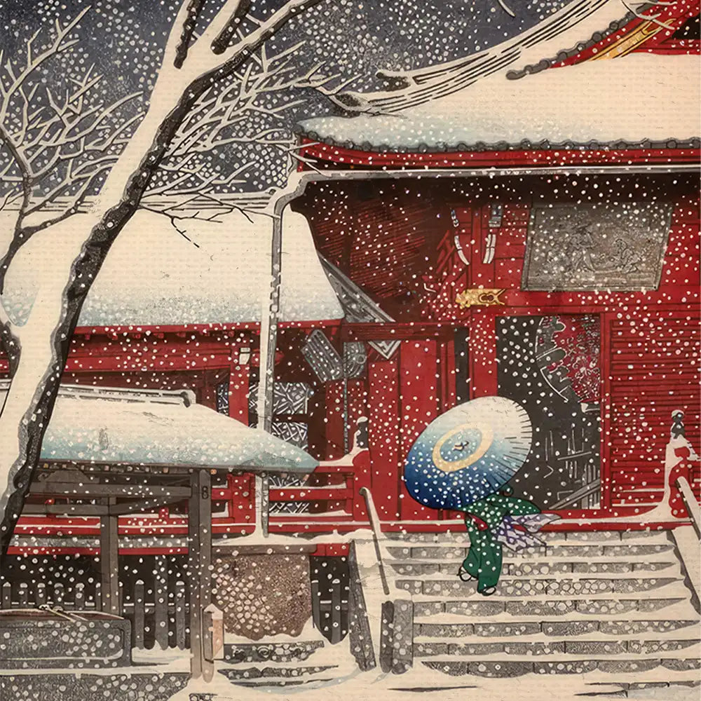 Snowy scene featuring a traditional Japanese building with a figure holding a blue and white umbrella walking on steps, surrounded by falling snow.