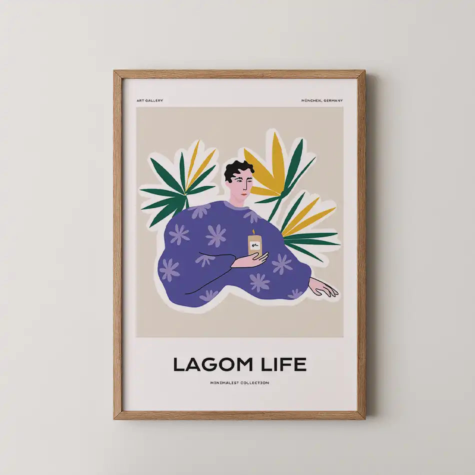 Modern minimalist art print titled 'Lagom Life', featuring a stylized figure in a soft purple outfit holding a drink, surrounded by vibrant green and golden leaves against a muted beige background, perfect for home decor.