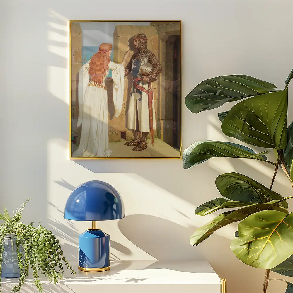 Painting of a knight and a woman in historical attire, framed and displayed on a wall with a blue lamp and green plants in a bright room.