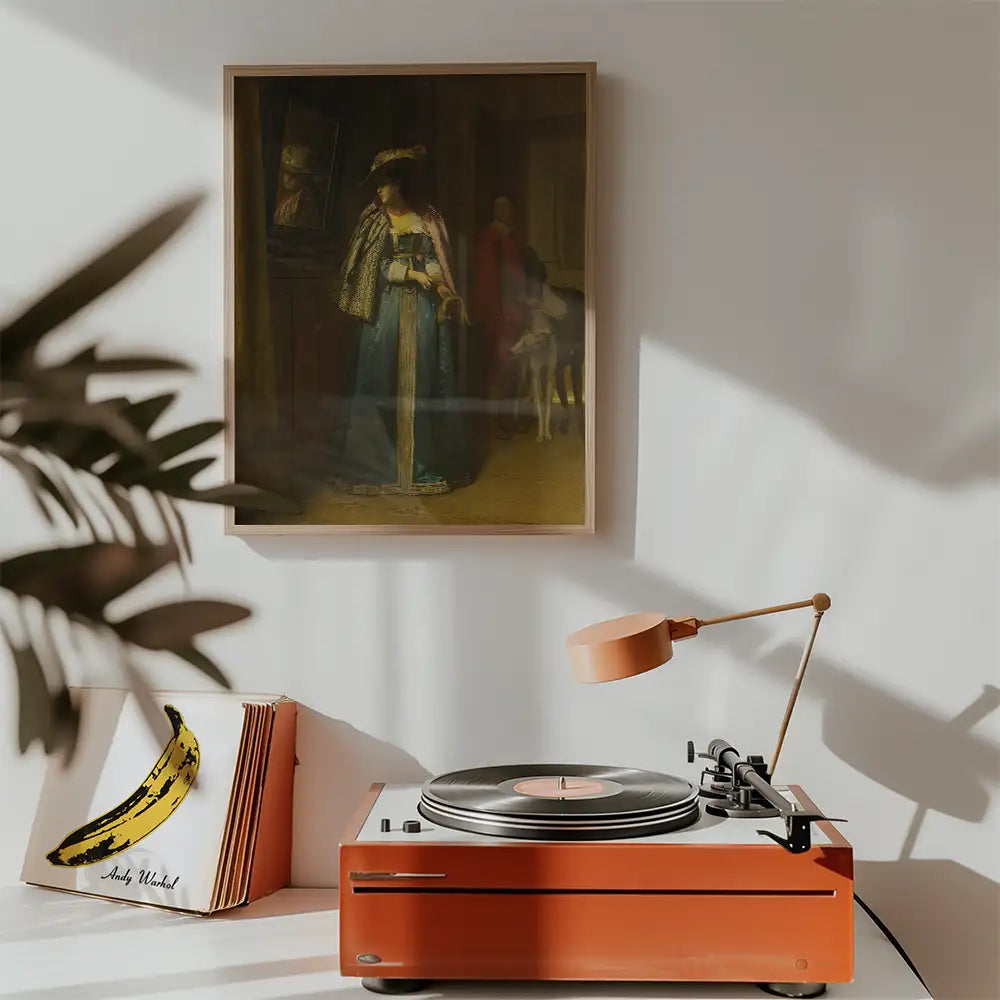 Painting of a woman in a blue gown with a hat, framed on a wall above a turntable and vinyl records in a stylish interior setting.