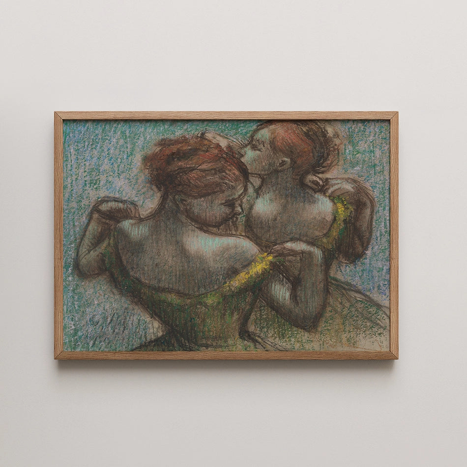 Painting of two women with red hair wearing green dresses, framed in a light wood frame, against a textured blue background.