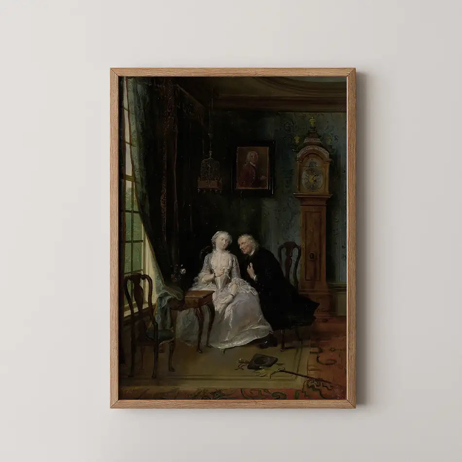 Painting of a couple seated together in a warmly lit room, featuring a large clock, ornamental decor, and a large window with green curtains.