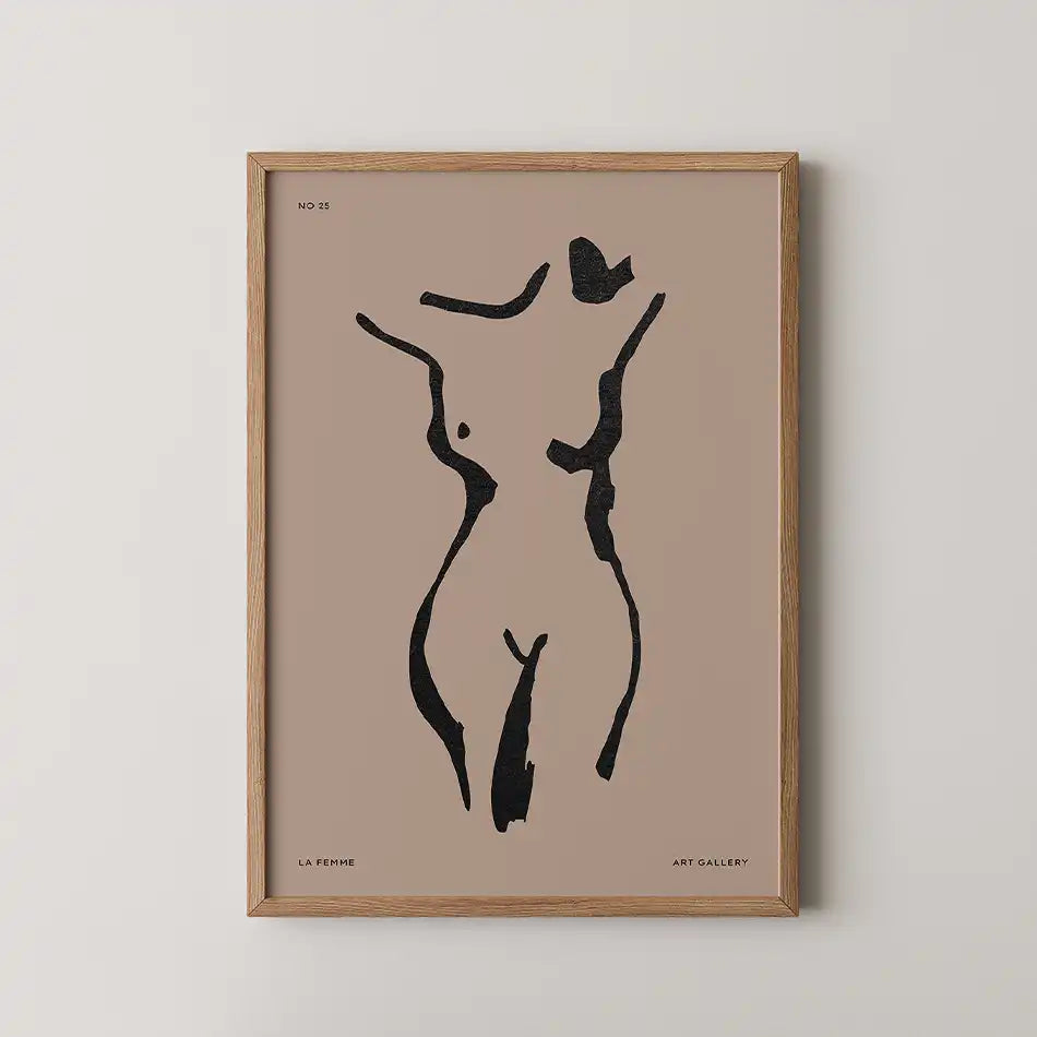Alt text: Modern art print featuring a minimalist black silhouette of a female form against a taupe background, framed in natural wood, highlighting elegance and contemporary style.