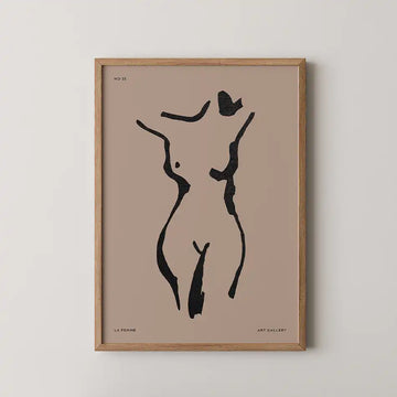 Alt text: Modern art print featuring a minimalist black silhouette of a female form against a taupe background, framed in natural wood, highlighting elegance and contemporary style.