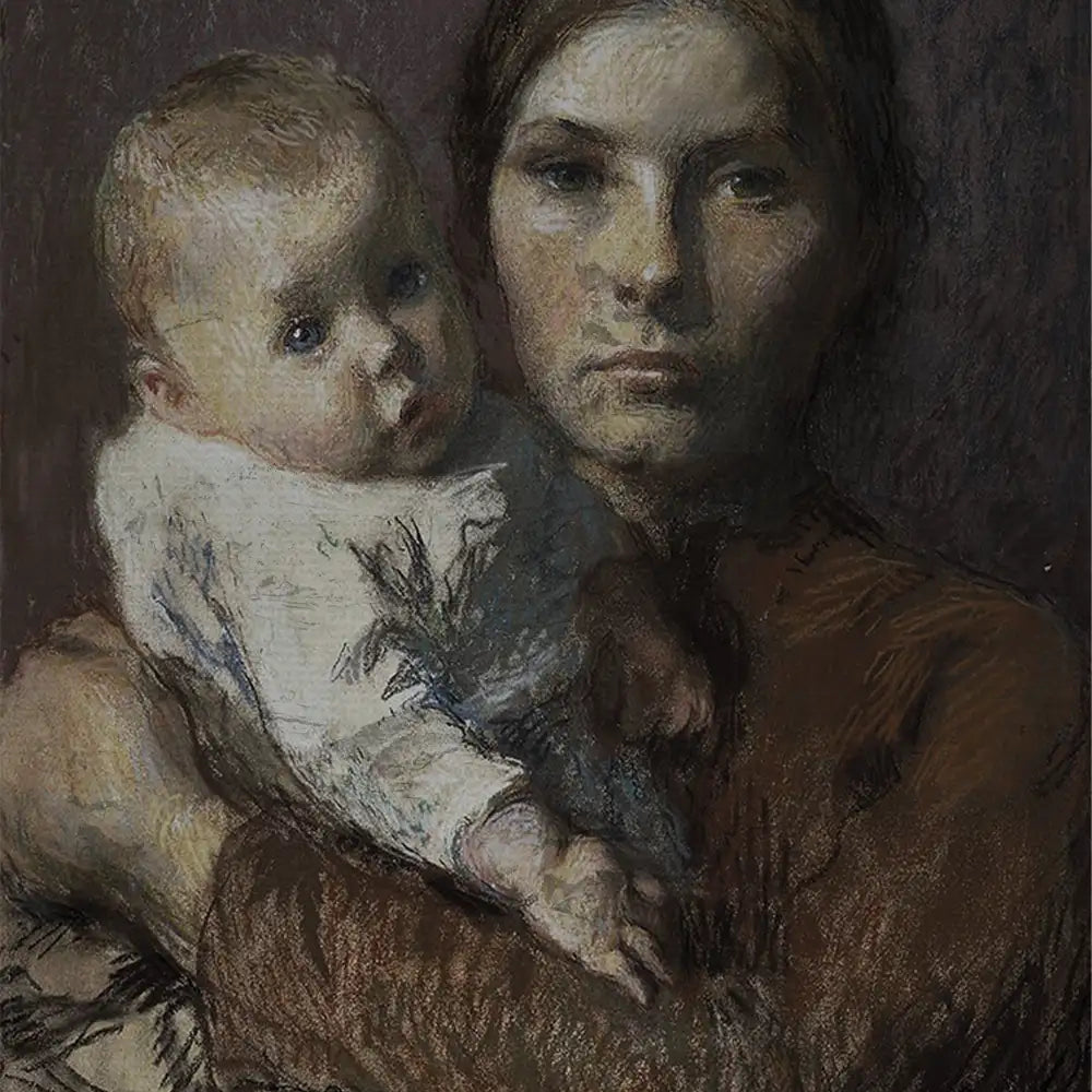 Portrait of a mother holding her baby, showcasing expressive facial features and soft colors, ideal for art enthusiasts.