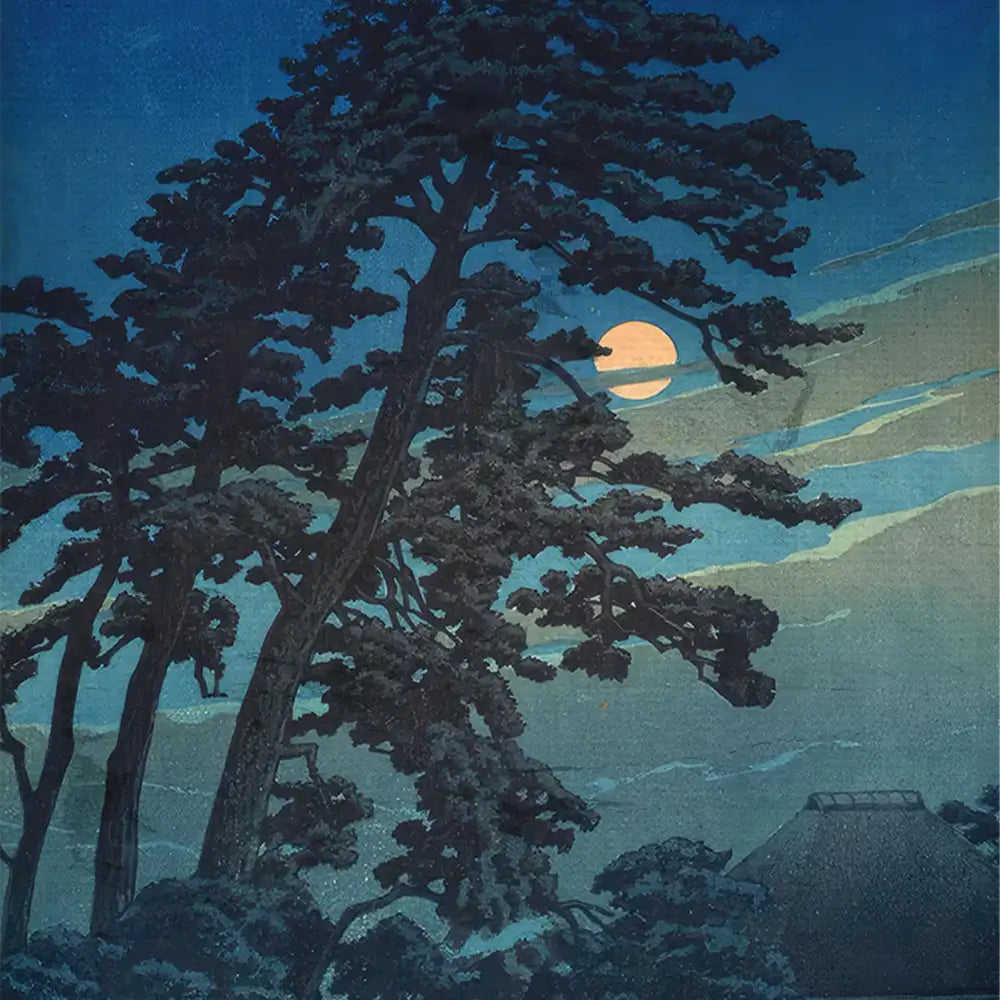 A serene nighttime landscape featuring tall pine trees silhouetted against a blue sky with a full moon and wispy clouds, depicting a tranquil and atmospheric scene.