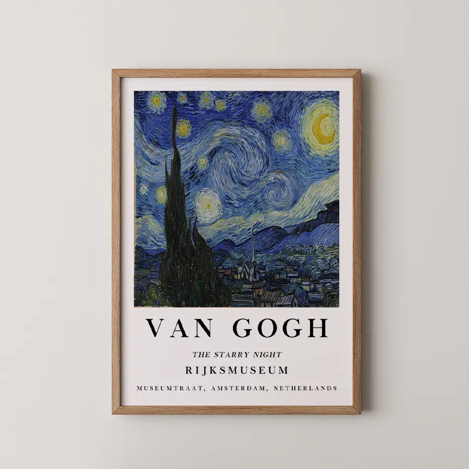 Framed poster of Vincent van Gogh's "The Starry Night" featuring a night sky with swirling stars and a cypress tree, with text identifying the artwork and its location at the Rijksmuseum, Amsterdam.