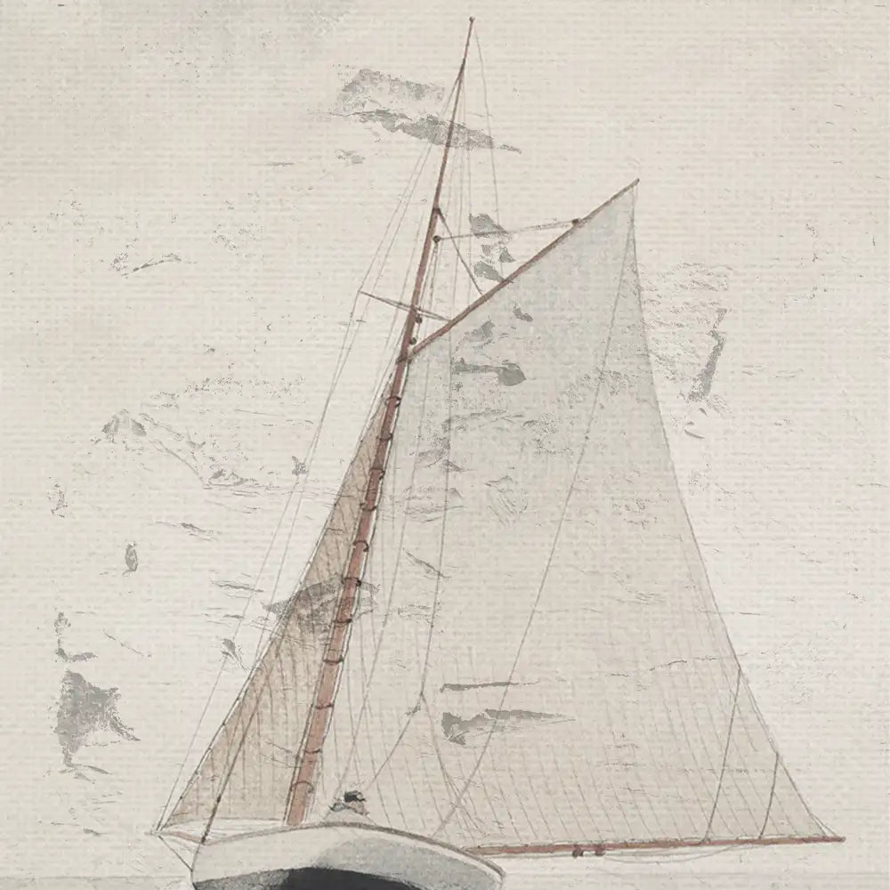 Watercolor painting of a sailing boat with tall sails against a textured, neutral background.