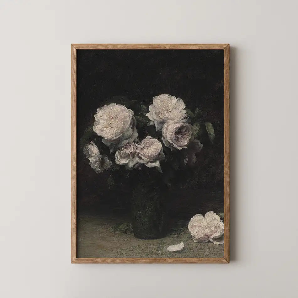 Painting of white peonies in a dark vase with a black background, framed in natural wood.