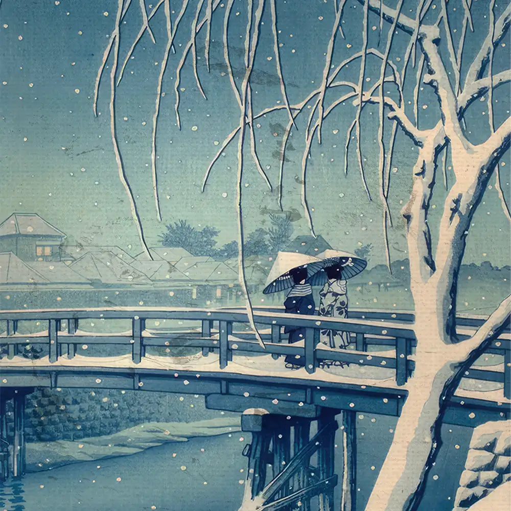 Snowy landscape painting featuring two figures with umbrellas walking across a wooden bridge under falling snow.