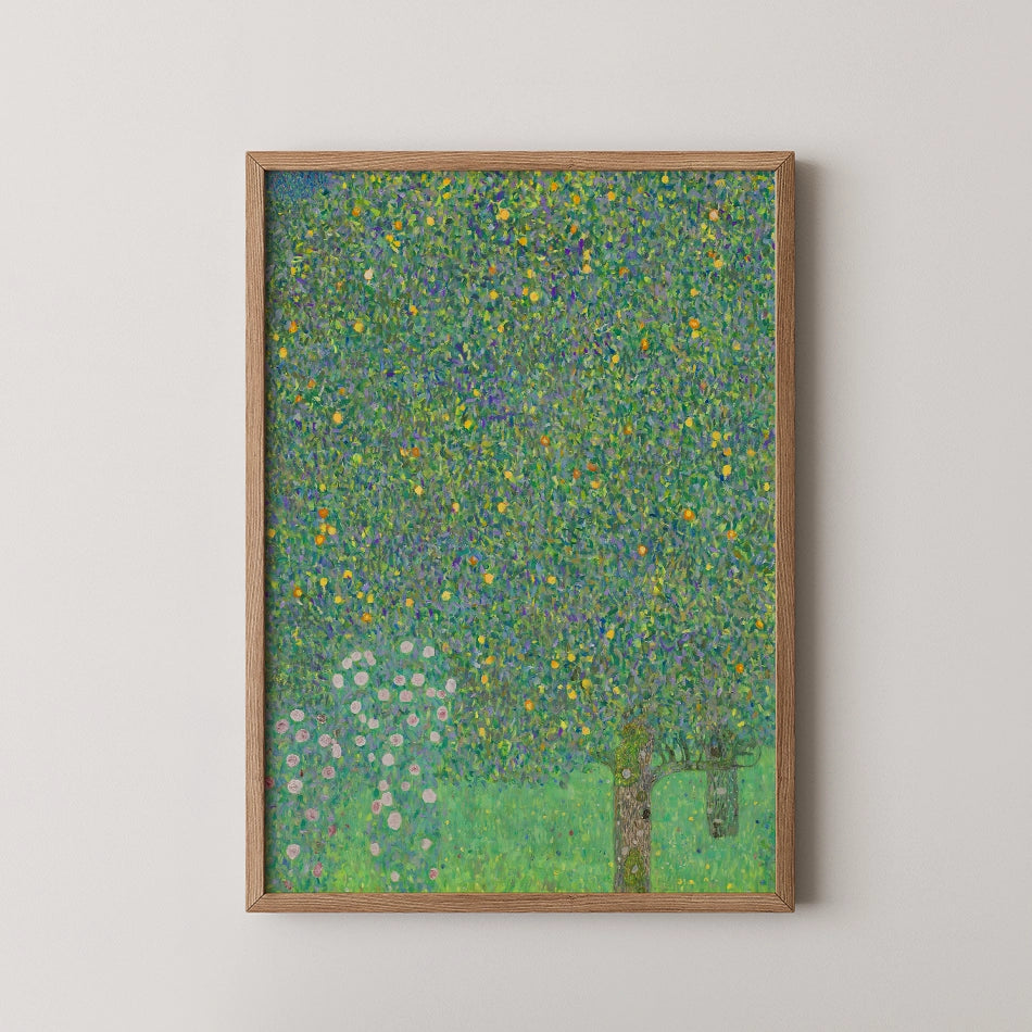 Framed abstract painting featuring vibrant green hues with splashes of color resembling flowers and foliage.