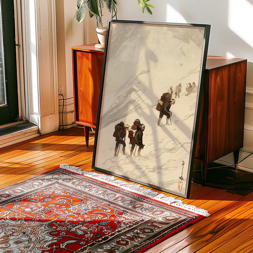 Painting of climbers traversing a snowy landscape, displayed in a stylish interior setting with an area rug and wooden furniture.