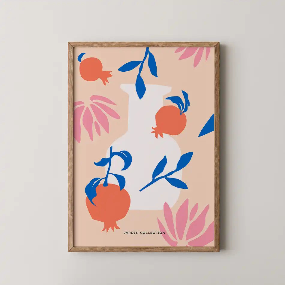 Jardin Pomegranates art print featuring a stylized vase with orange pomegranates and blue leaves on a soft pink background, part of the Abstract Collection"