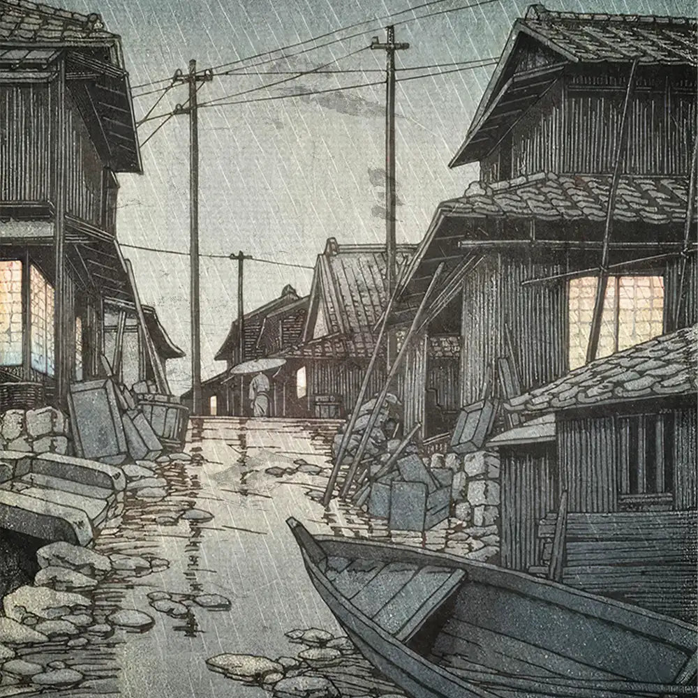 A detailed painting of a traditional village scene with wooden houses, a narrow waterway, and a person walking with an umbrella under a rainy sky.