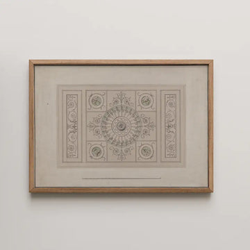 Framed vintage decorative art print featuring intricate circular and floral designs in muted tones.