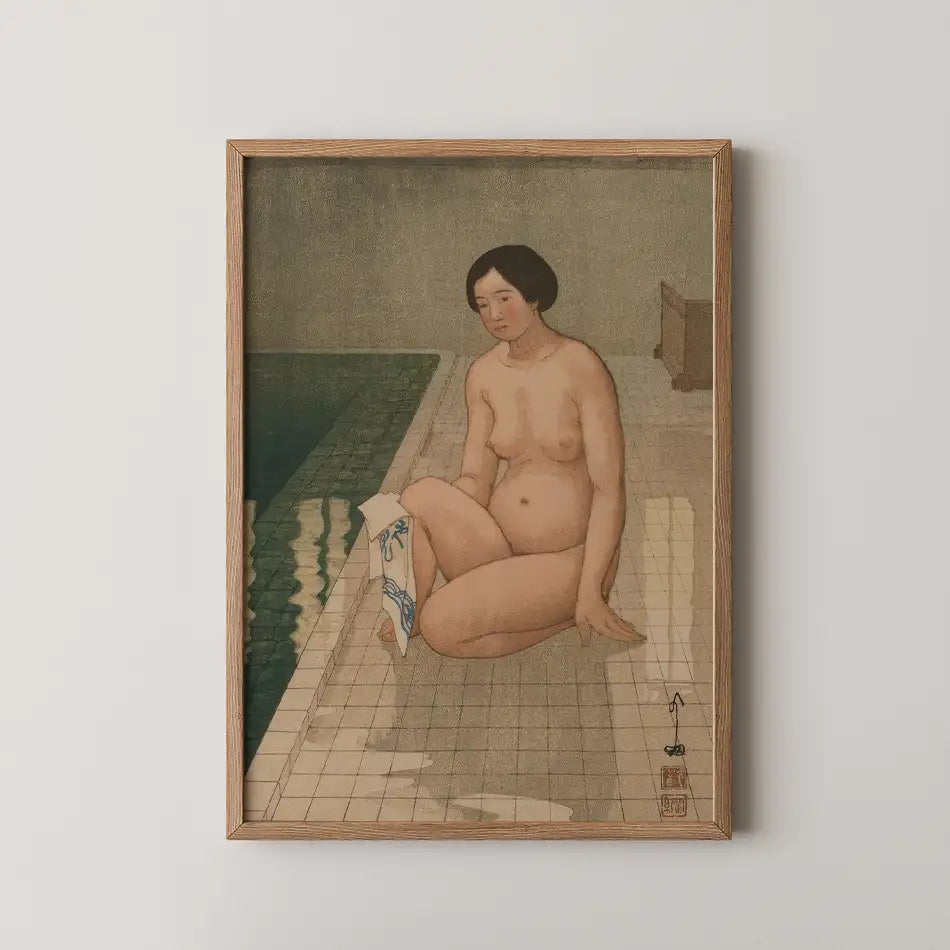 Framed painting of a nude woman seated by a pool on tiled flooring, showcasing serene colors and a calm atmosphere.