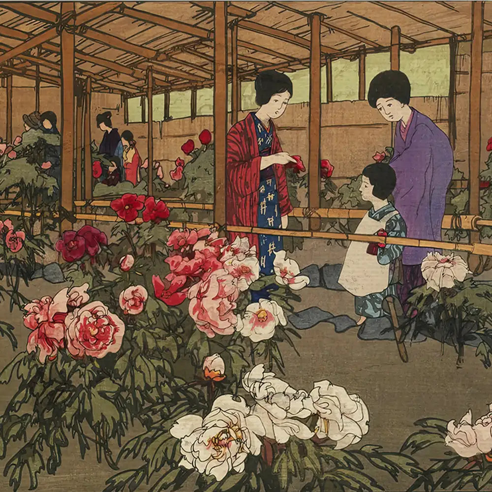 Japanese-style painting depicting women and a child in a flower garden surrounded by peonies.