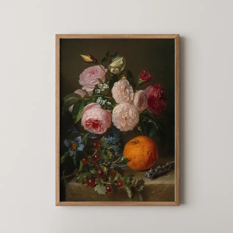 A beautifully framed painting featuring a vibrant bouquet of roses in various shades, accompanied by an orange and small blue flowers, set against a dark background.