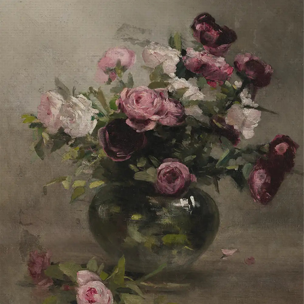Still life painting of a bouquet of mixed roses in a glass vase, featuring shades of pink, white, and deep red, set against a muted background.