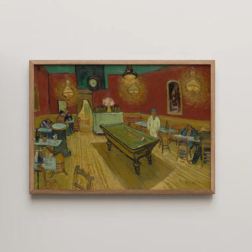 Framed painting of a vibrant scene in a bar with a billiard table, featuring patrons seated at tables and a lively atmosphere.